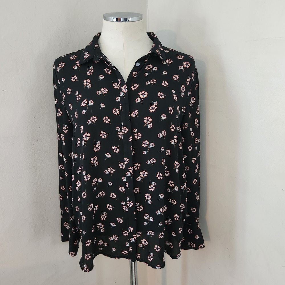LOFT Petites Black Floral Button Down Blouse Long Sleeve Top LP